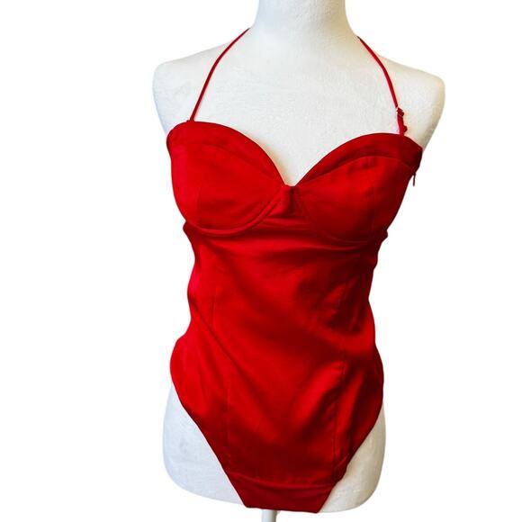 New ZARA Women's Red Satin Ruched Camisole Underwire Body Suit Size M - Picture 2 of 7